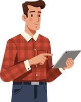 Man in red checkered shirt using tablet digital device modern lifestyle technology illustration vector
