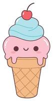 Cute kawaii ice cream cone with smiling face pink and blue scoop cherry on top cartoon dessert illustration vector