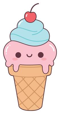 Cute kawaii ice cream cone with smiling face pink and blue scoop cherry on top cartoon dessert illustration