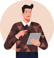 Young man using tablet device wearing geometric patterned sweater with white collar on pastel background digital lifestyle illustration vector