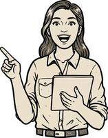 Woman holding tablet and pointing finger illustration in retro style with happy expression and casual shirt outfit vector