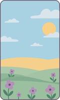 Minimalistic smartphone screen showing scenic landscape with hills flowers sun and clouds in bright daylight vector