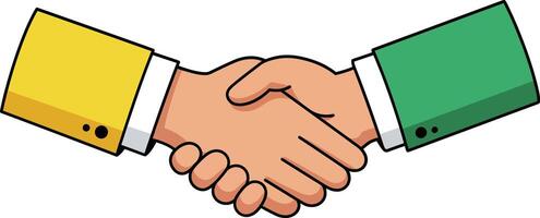Handshake agreement symbolizing partnership and cooperation with yellow and green sleeves in simple style vector