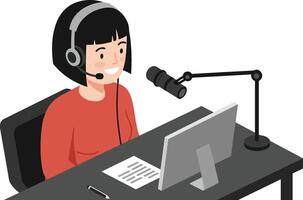 Woman Hosting Podcast Recording with Headphones and Microphone in Modern Studio Setup vector