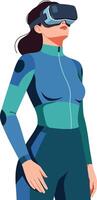 Woman in futuristic suit using virtual reality headset for immersive digital experience technology vector