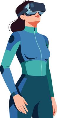 Woman in futuristic suit using virtual reality headset for immersive digital experience technology