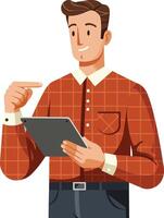 Young man using digital tablet pointing finger while standing in casual shirt illustration vector