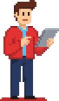 Pixel art male character holding digital tablet in red jacket and blue shirt on red background illustration vector