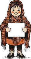 Young girl in patterned brown shawl holding blank sign smiling friendly illustration vector