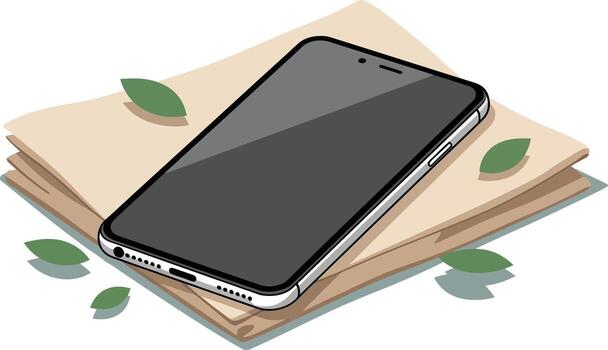 Modern smartphone placed on stack of envelopes with green leaves around digital communication concept vector