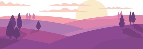 Purple sunset landscape with rolling hills and stylized trees under soft pastel sky and sun vector