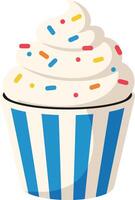 Cupcake with white frosting and colorful sprinkles in blue striped cup dessert treat vector