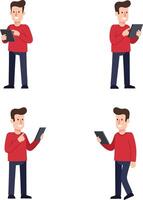 Man Using Tablet Device in Various Poses with Red Sweater on Orange Background Illustration vector