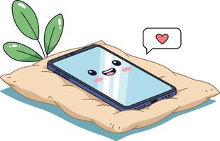 Cute smartphone with happy face lying on pillow showing love heart symbol digital communication concept vector