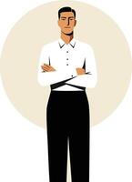 Confident young man standing with arms crossed in black pants and white shirt in minimalistic style vector