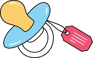 Baby pacifier with blue and yellow nipple and pink tag illustration in simple style for child care and newborn accessories vector
