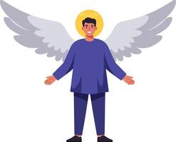 Angel figure with glowing halo and large white wings standing with open arms in blue clothing illustration vector