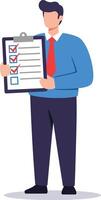 Businessman holding checklist with tick marks on clipboard for task management and productivity improvement vector
