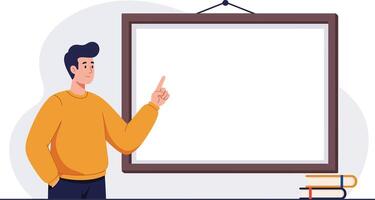 Man in orange sweater pointing at blank whiteboard for presentation or teaching concept indoors vector