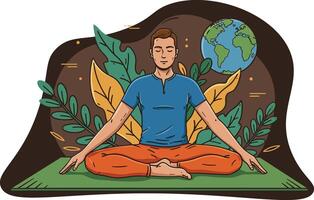 Man meditating in lotus pose with earth globe and nature leaves background illustration for mindfulness and relaxation concept vector