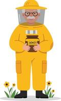 Beekeeper in yellow protective suit holding honey jar with flowers and bees around natural outdoor scene vector