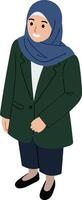 Woman wearing hijab and green jacket standing with hands in pockets in casual outfit vector