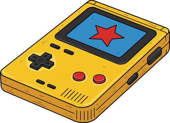 Retro handheld gaming console with star display illustration in yellow color nostalgic design