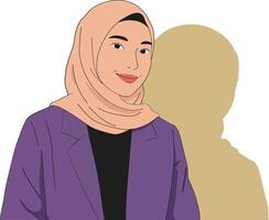 Woman in hijab wearing purple jacket and beige scarf with shadow in minimalist style portrait vector