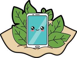 Cute smartphone with happy face surrounded by green leaves on beige background illustration vector