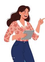 Woman holding tablet pointing finger with excited expression in casual floral shirt and jeans illustration vector
