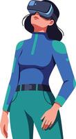 Woman wearing virtual reality headset exploring immersive digital environment in modern technology setting vector