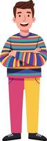 Young man wearing colorful striped sweater and vibrant two tone pants standing with arms crossed smiling vector