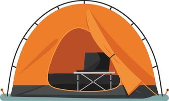 Orange camping tent with open flap and camping stove inside in outdoor leisure setting vector