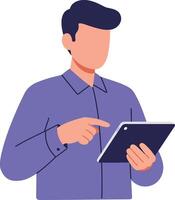 Man using digital tablet technology for work or leisure in purple shirt on light background illustration vector