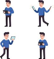 Young man using digital tablet and smartphone in casual blue sweater illustration set vector