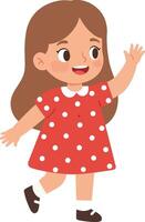Little girl walking happily in red polka dot dress with brown hair and black shoes cheerful expression smiling waving hand vector
