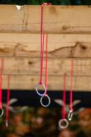 Close Up of Rings and Hanging Grips on a Wooden Structure photo