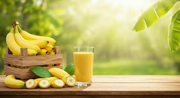 Ripe Banana Harvest with Fresh Juice on Wooden Table in Vibrant Tropical Garden photo