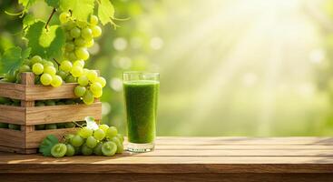 Fresh Juice and Green Grapes Rest on a Wooden Table in the Sunlit Vineyard photo