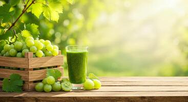 Green Grapes and Fresh Juice on a Wooden Table in a Sunny Vineyard Setting photo