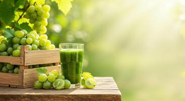 On a Wooden Table in a Sunny Vineyard, Fresh Juice and Green Grapes photo