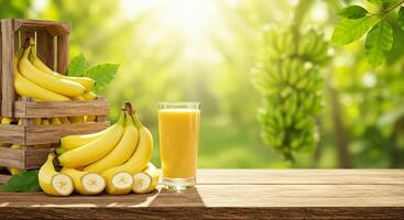 Fresh Banana Harvest with Juice Glass on Wooden Table in Sunny Garden Setting photo