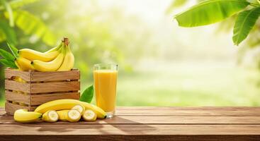 Ripe Banana Harvest with Fresh Juice on Wooden Table in Bright Garden Environment photo
