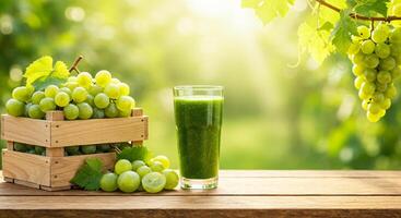 Green Grapes and Fresh Juice on a Wooden Table in a Sunny Vineyard photo