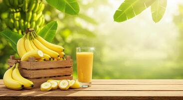 Ripe Banana Bunch with Fresh Juice on Wooden Table in Lush Green Garden Setting photo