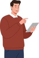 Young man using digital tablet smiling and pointing at screen in casual outfit illustration vector