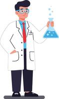 Male scientist in white lab coat holding blue liquid flask in laboratory setting with glasses and red tie vector