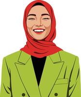 Smiling woman wearing red hijab and green blazer portrait in flat style with white background vector