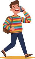 Young man wearing colorful striped sweater talking on phone while walking happily outside in casual outfit vector