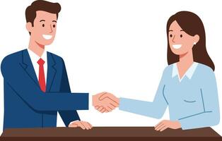 Businessman and businesswoman shaking hands over table in professional agreement concept illustration vector